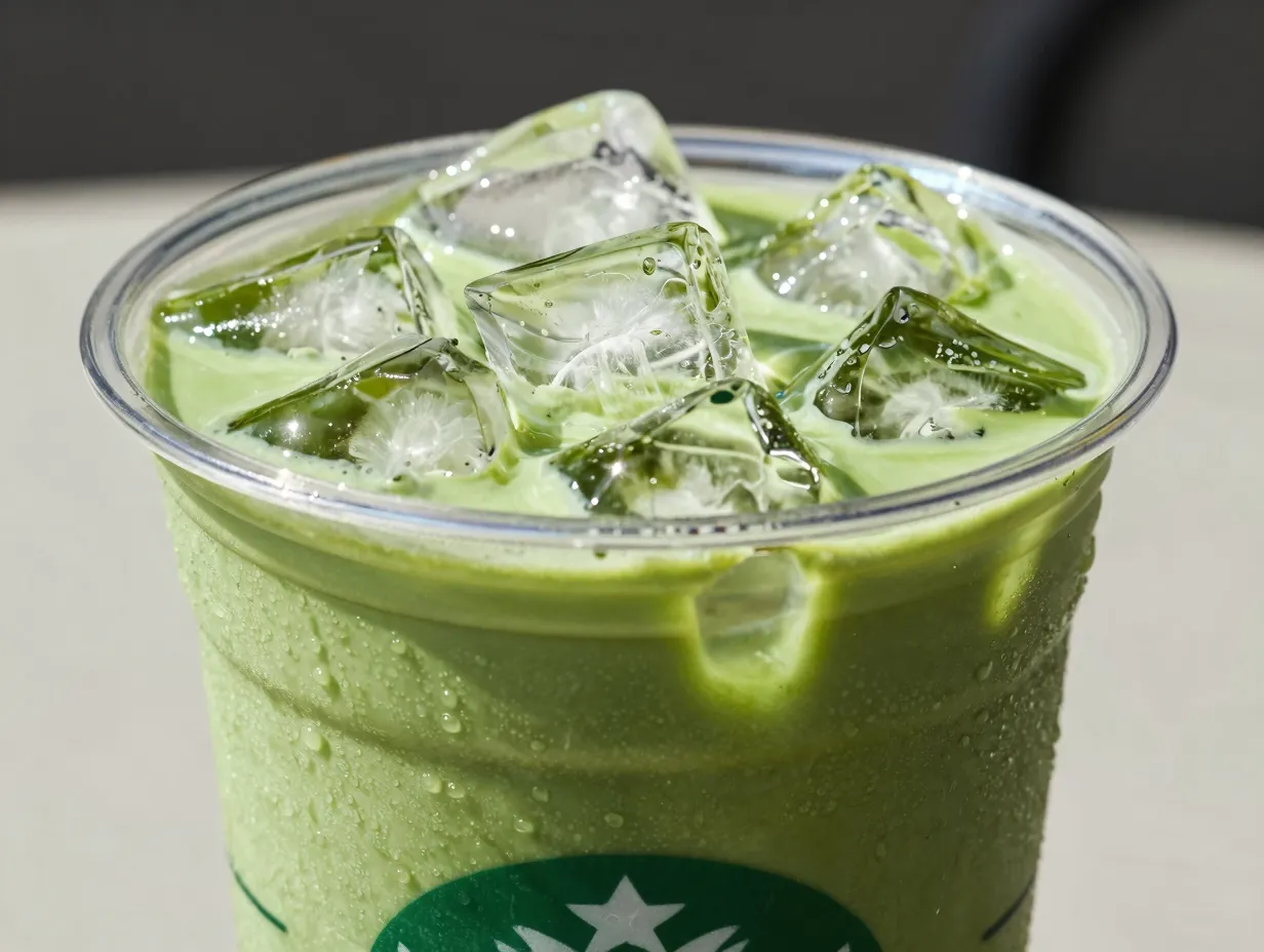 Iced matcha latte overflowing with extra ice cubes in a tall cup