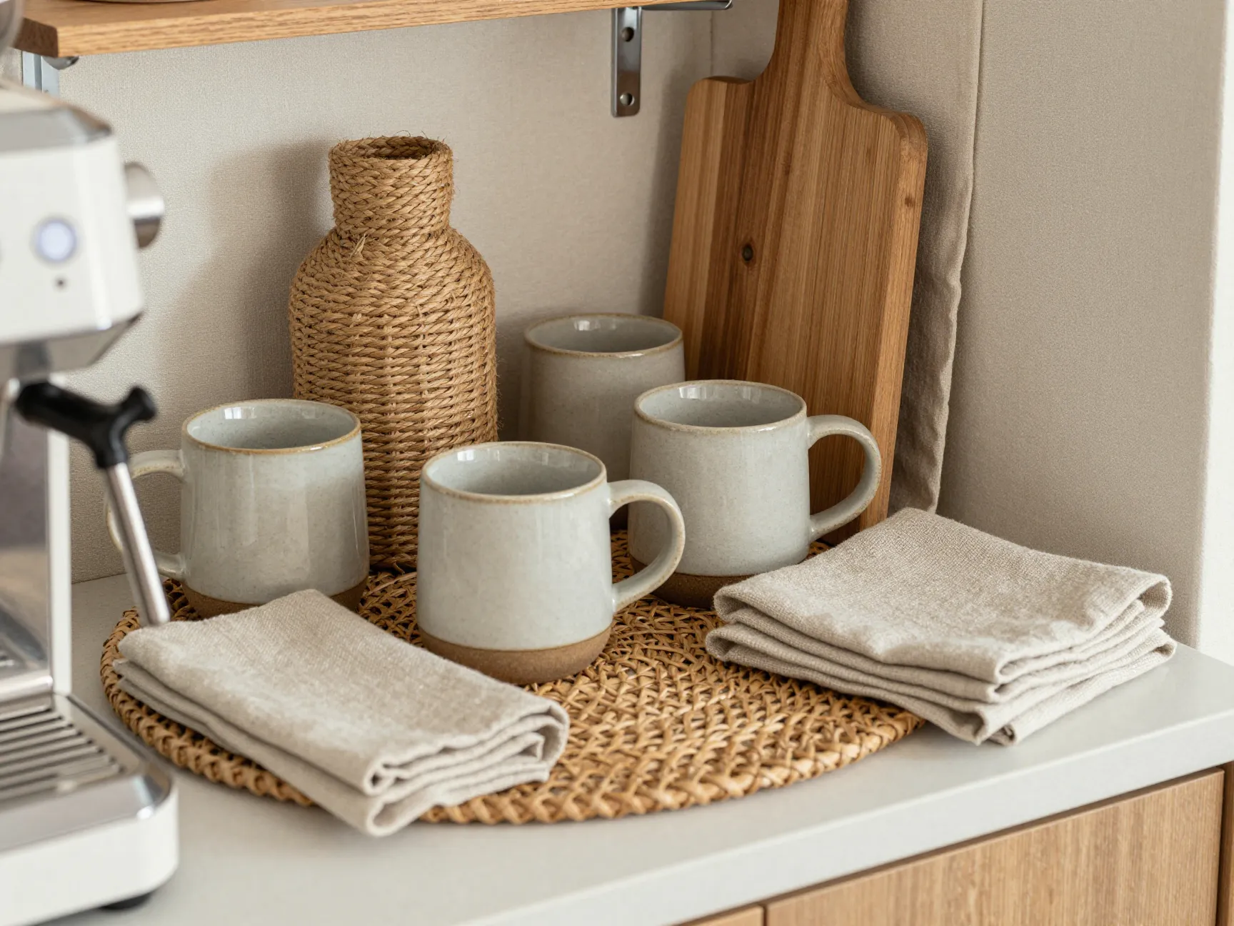 Textured coffee corner with layered woven ceramic linen elements