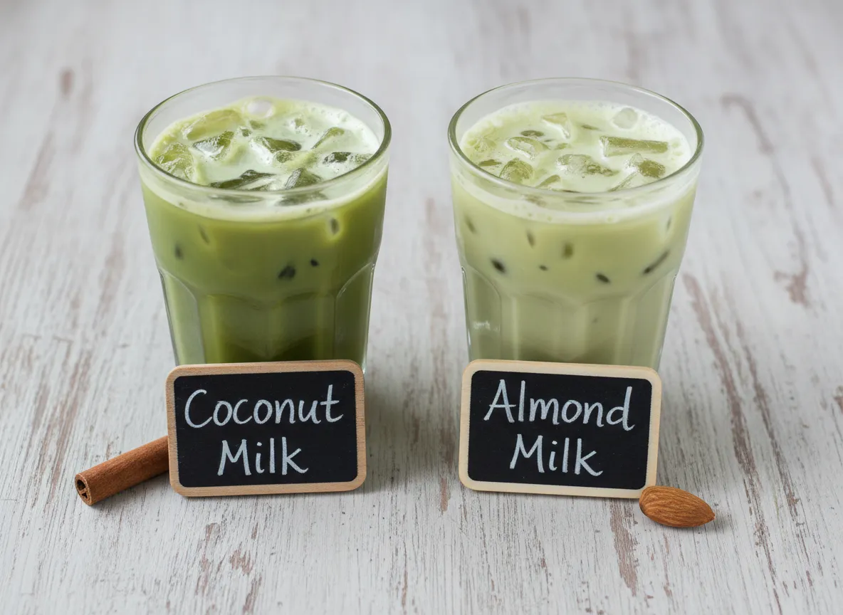 Two iced matcha lattes one with coconut milk one with almond milk