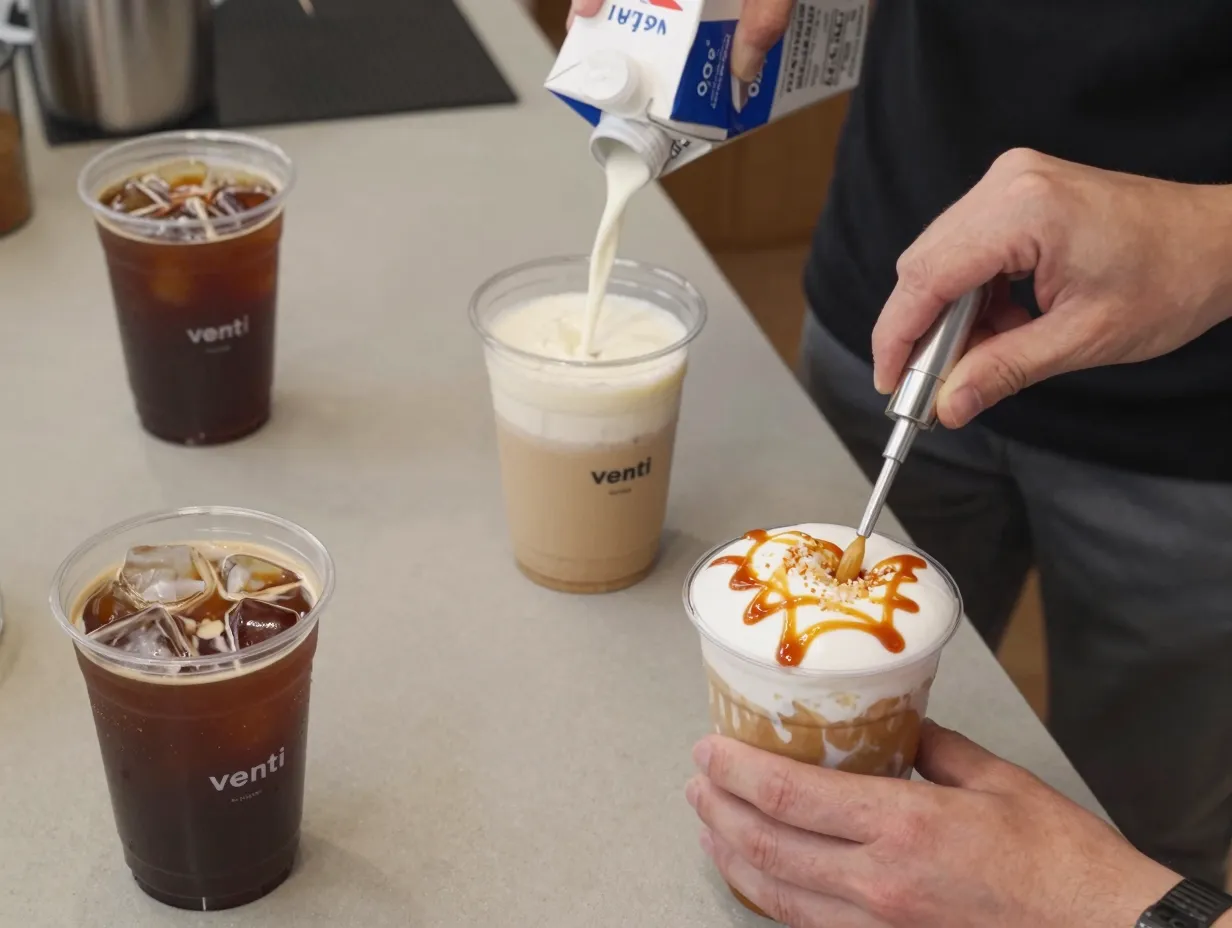 Venti iced espresso base built into custom macchiato with oat milk