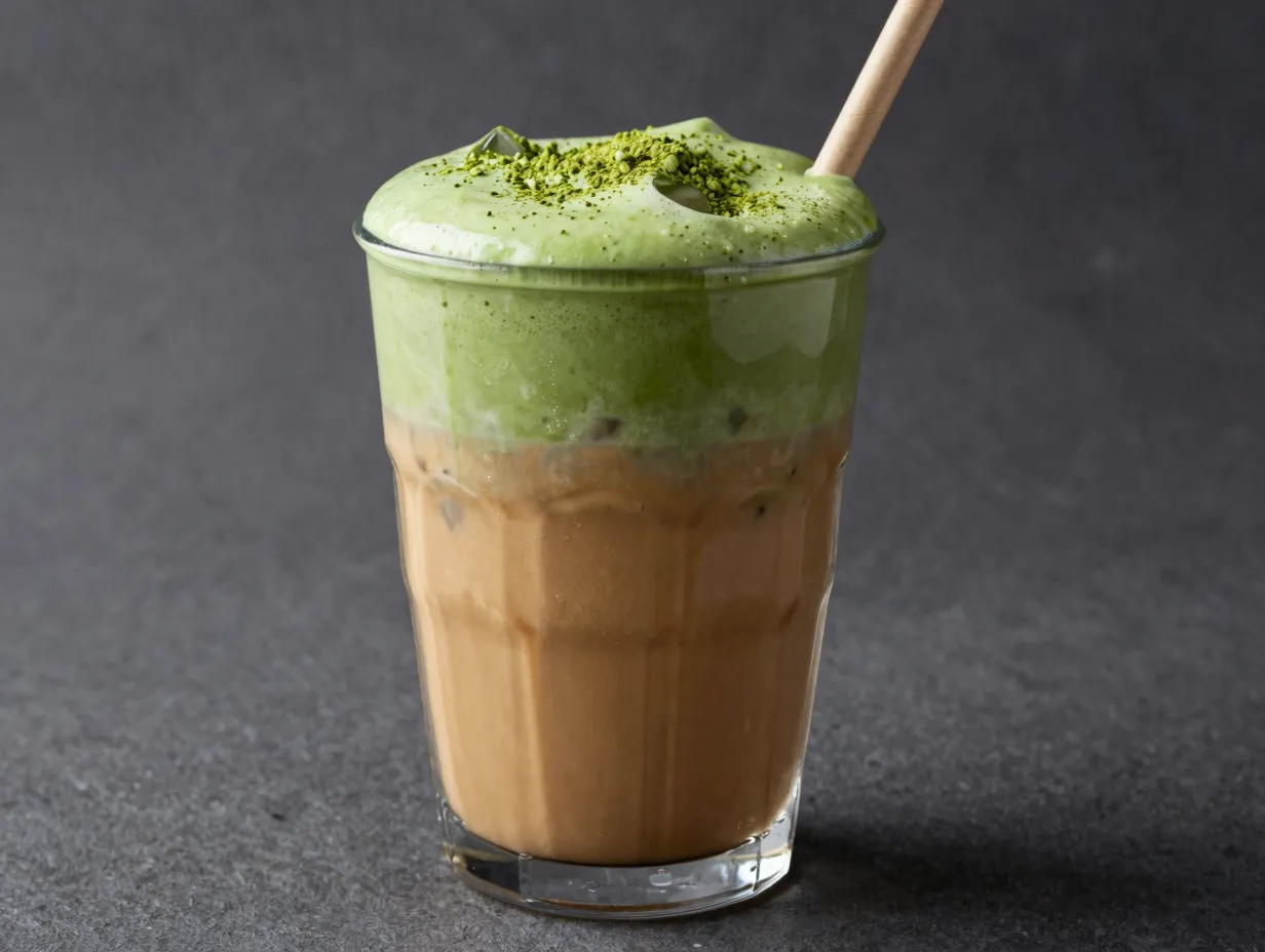 Matcha chai hybrid drink with matcha foam layer and chai base