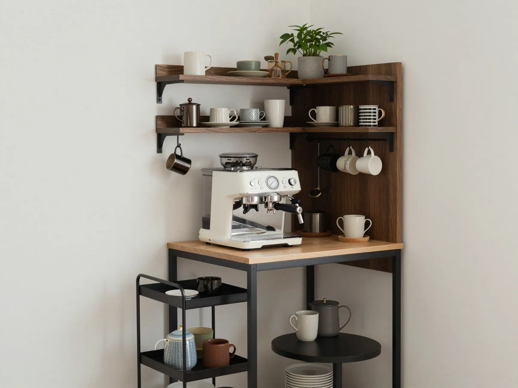 Maximized small space coffee corner with vertical storage