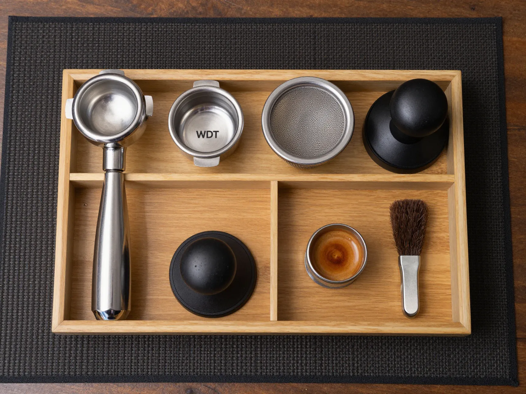 Wooden tray with espresso tools tamper and knock box