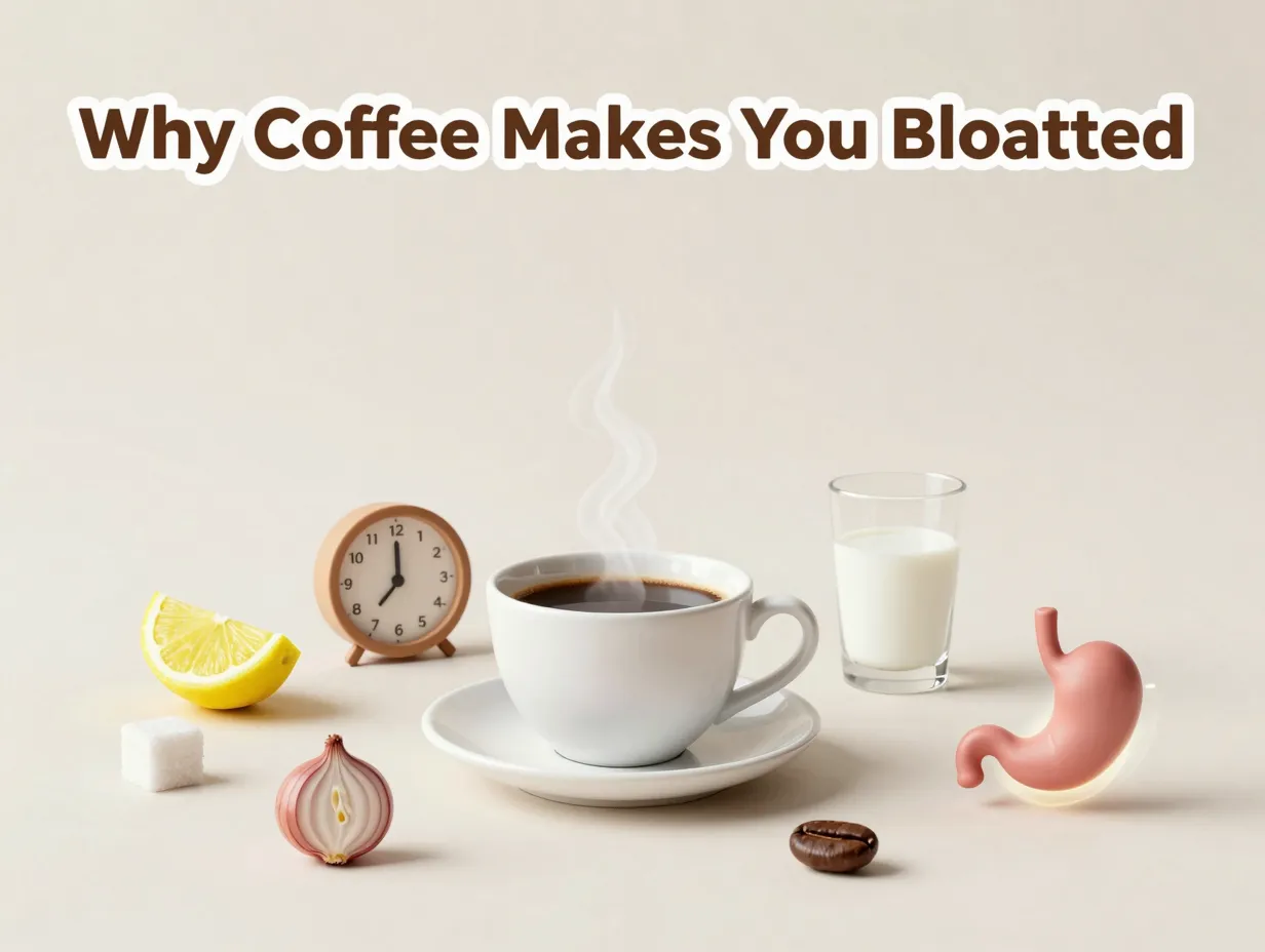 Coffee cup surrounded nine bloating trigger symbols flat lay