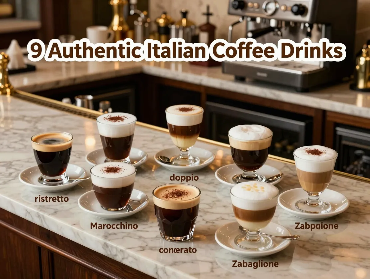 Nine authentic italian coffee drinks on marble bar counter