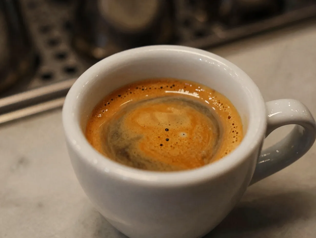 Small white ceramic cup of intense ristretto coffee with thick crema