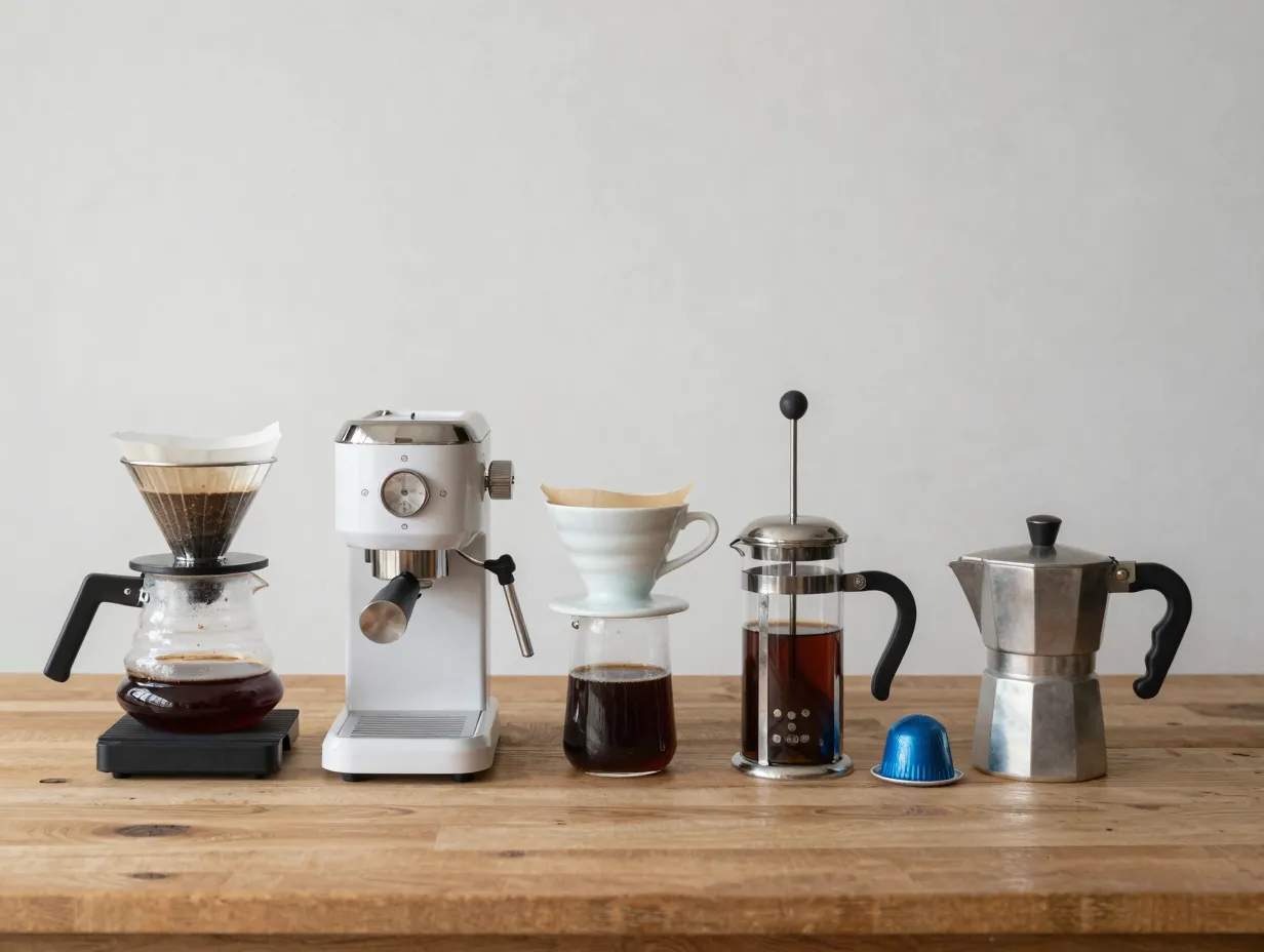 Coffee brewing methods equipment comparison display