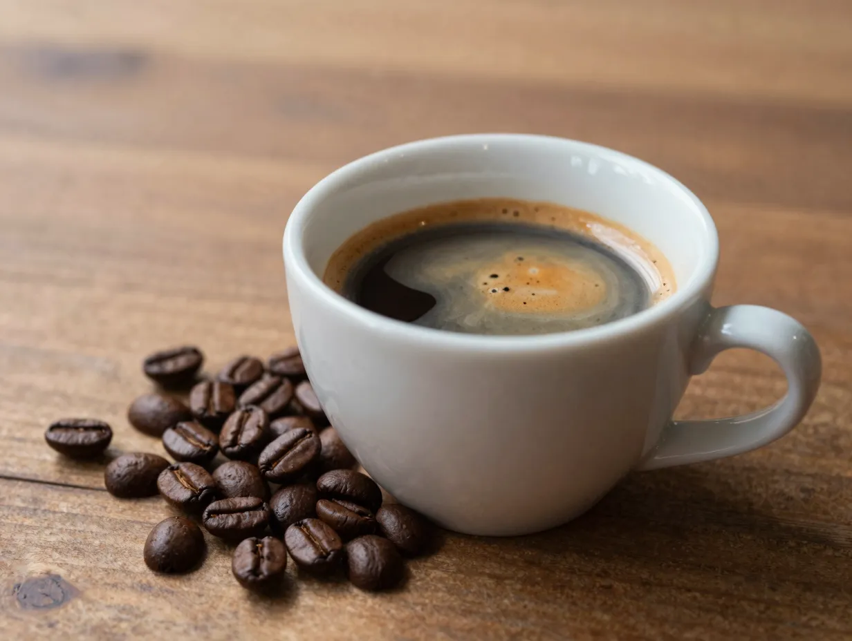 Doppio double espresso shot in cup with spilled coffee beans