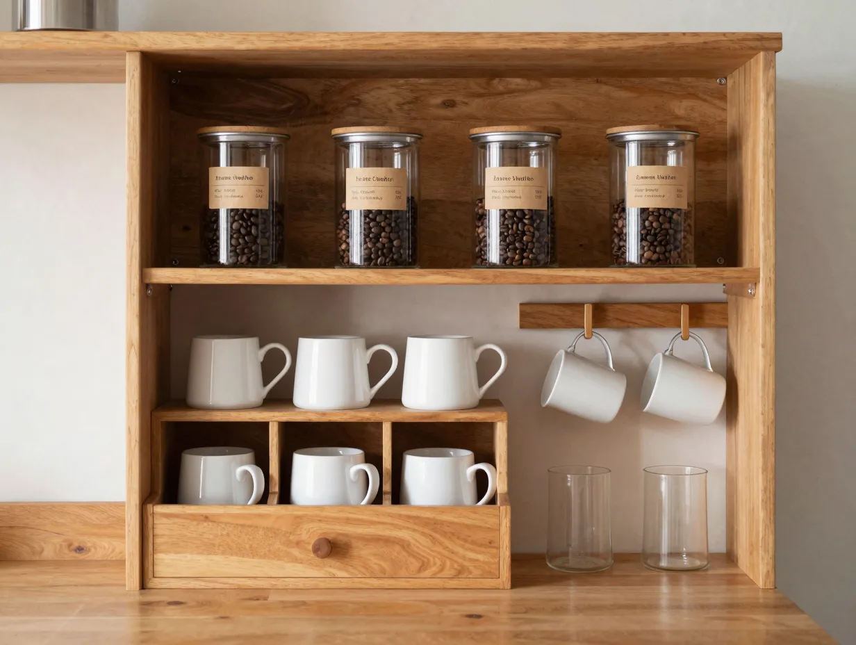 Open shelving coffee storage canisters mug display