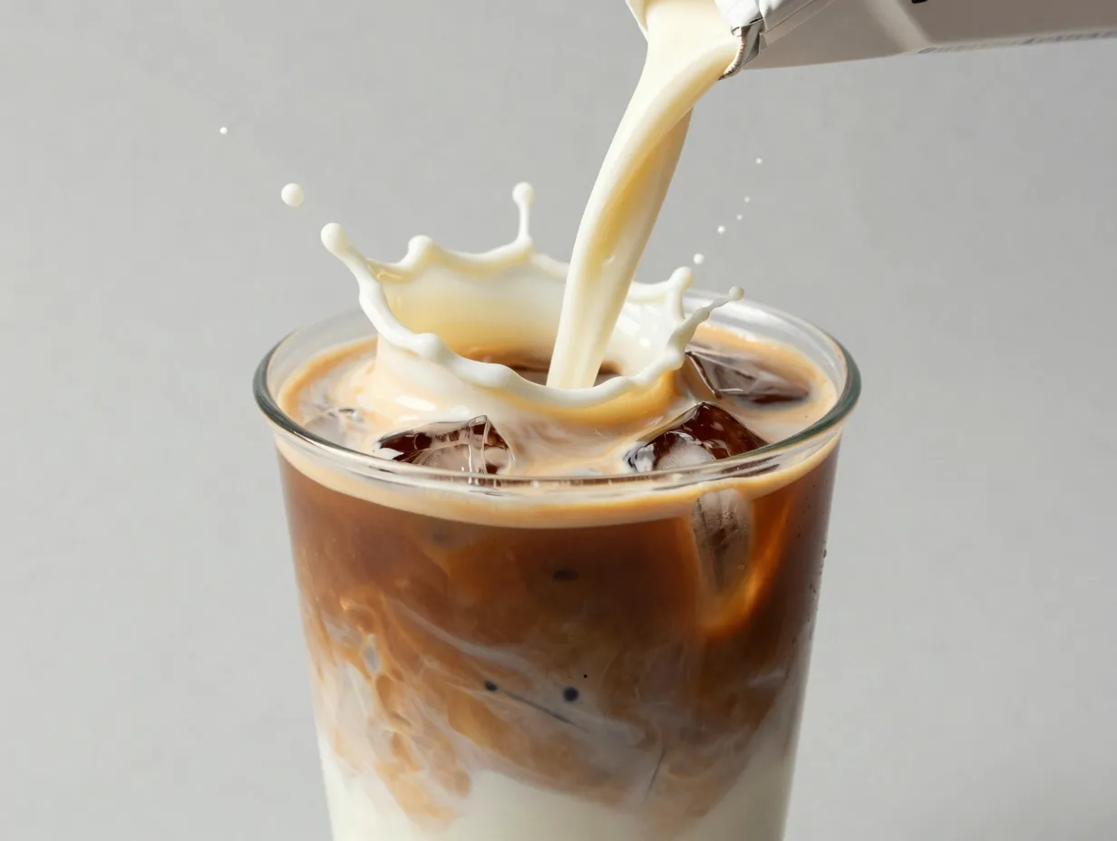 Oatmilk splash americano creamy texture light swirl iced milky effect