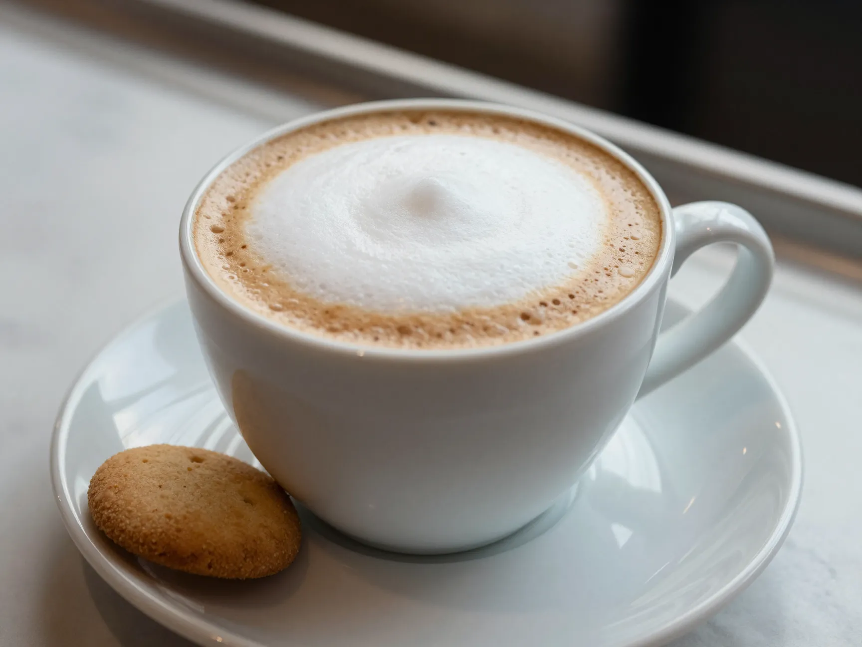Traditional italian cappuccino in cup with dry foam and biscuit