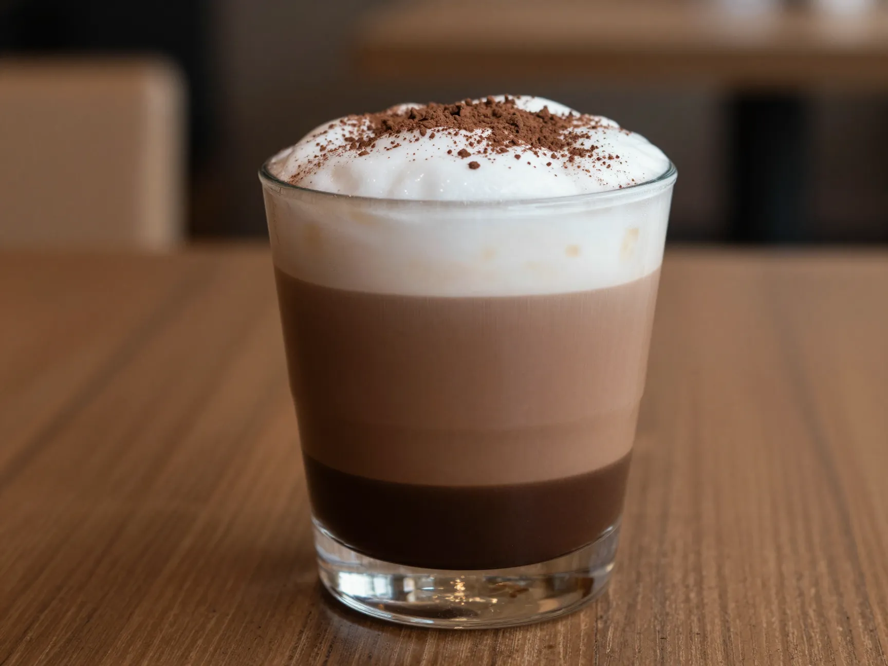 Layered marocchino coffee with espresso chocolate and foam in glass