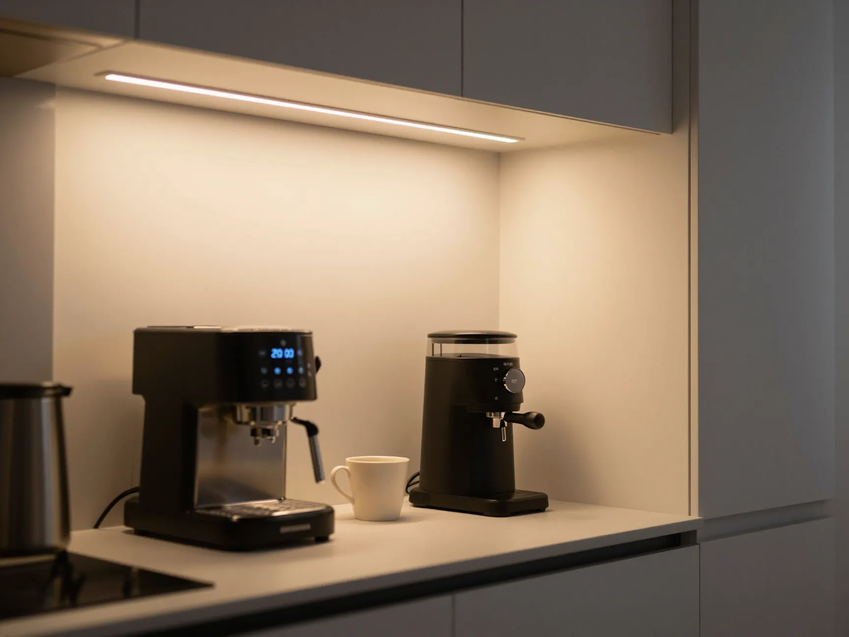 Under cabinet led strip warm lighting coffee corner
