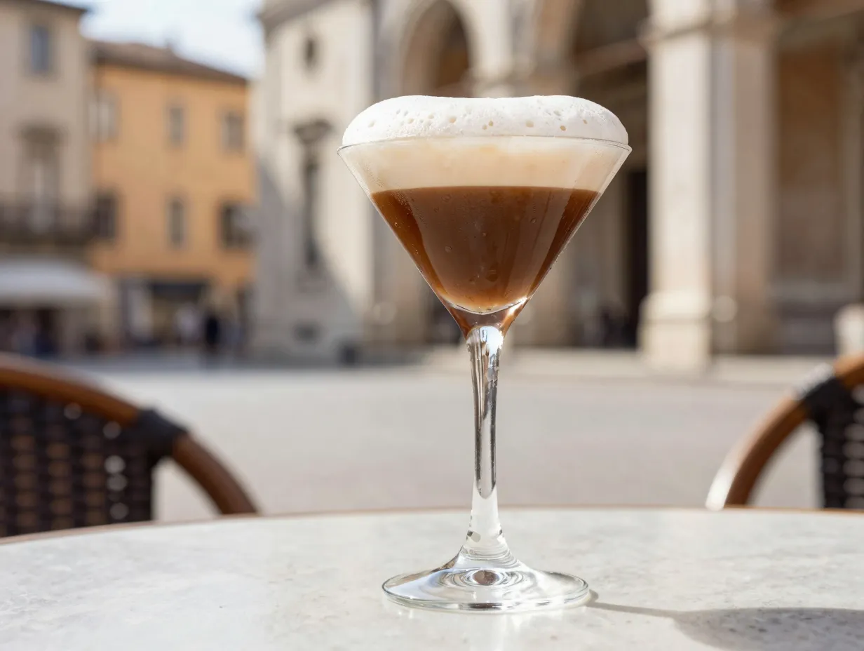Chilled caffe shakerato in frosted martini glass with foam
