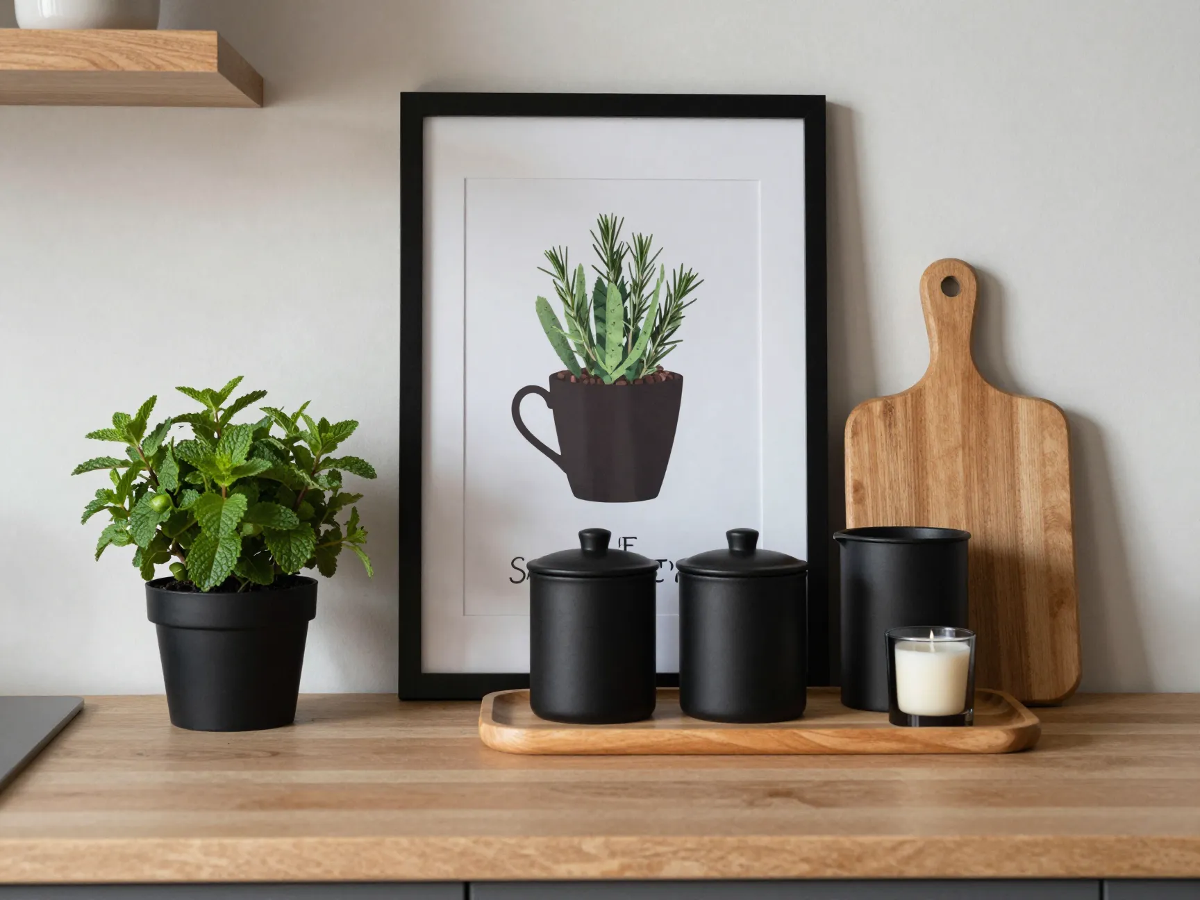 Potted plant art print wood accents personalized coffee station