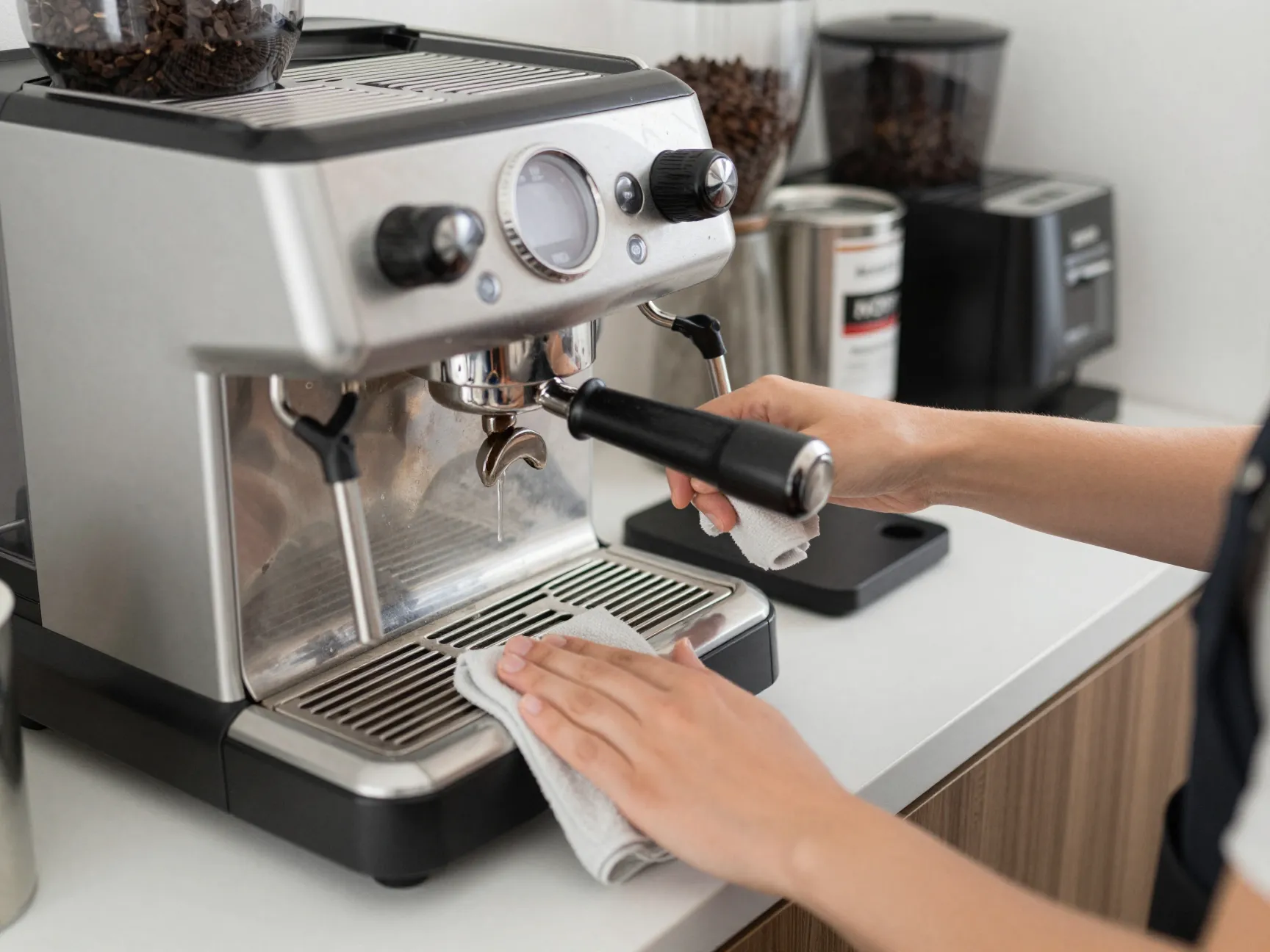 Daily maintenance wiping cleaning coffee machine counter