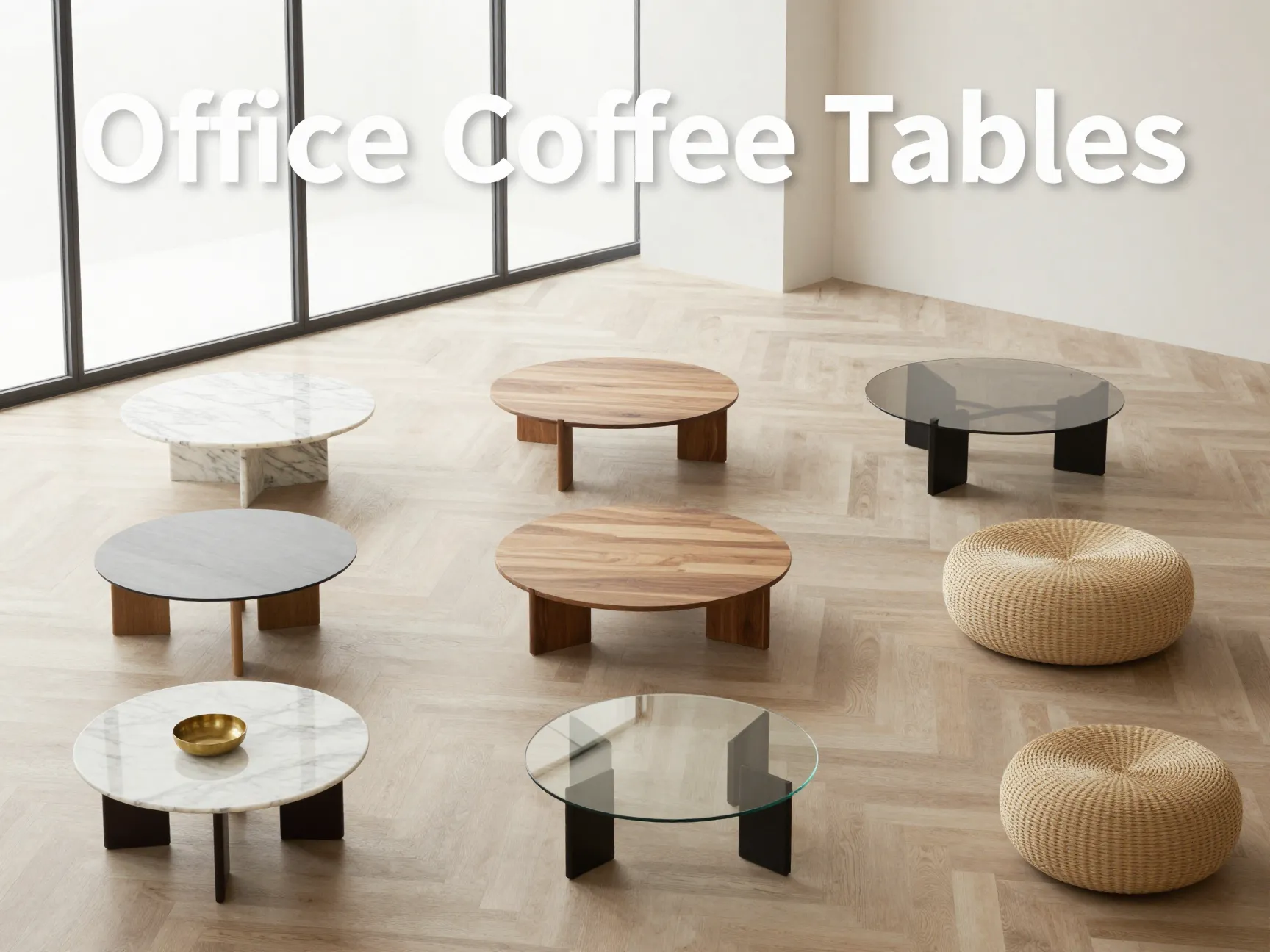 Curated grid of nine coffee tables in modern office showroom