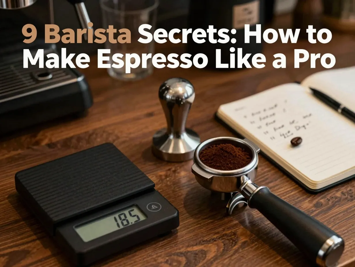 Espresso scale tamper portafilter coffee grounds dark wood counter