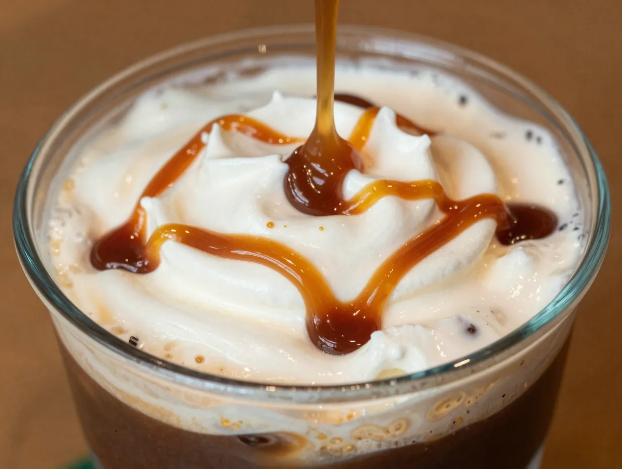 Close up caramel drizzle on vanilla sweet cream cold brew layer