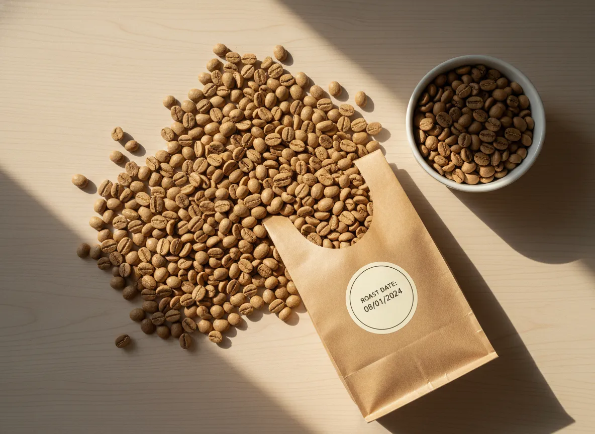 Fresh single origin light roast coffee beans with visible roast date label