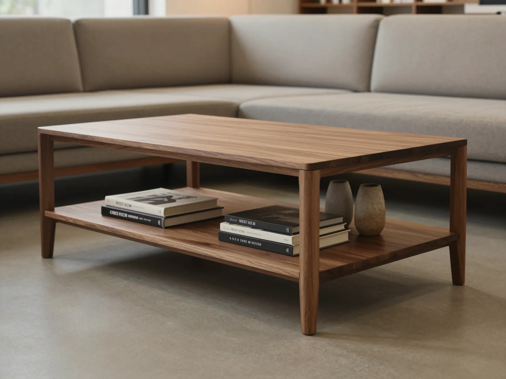West elm profile coffee table built in shelving in mid size office lounge