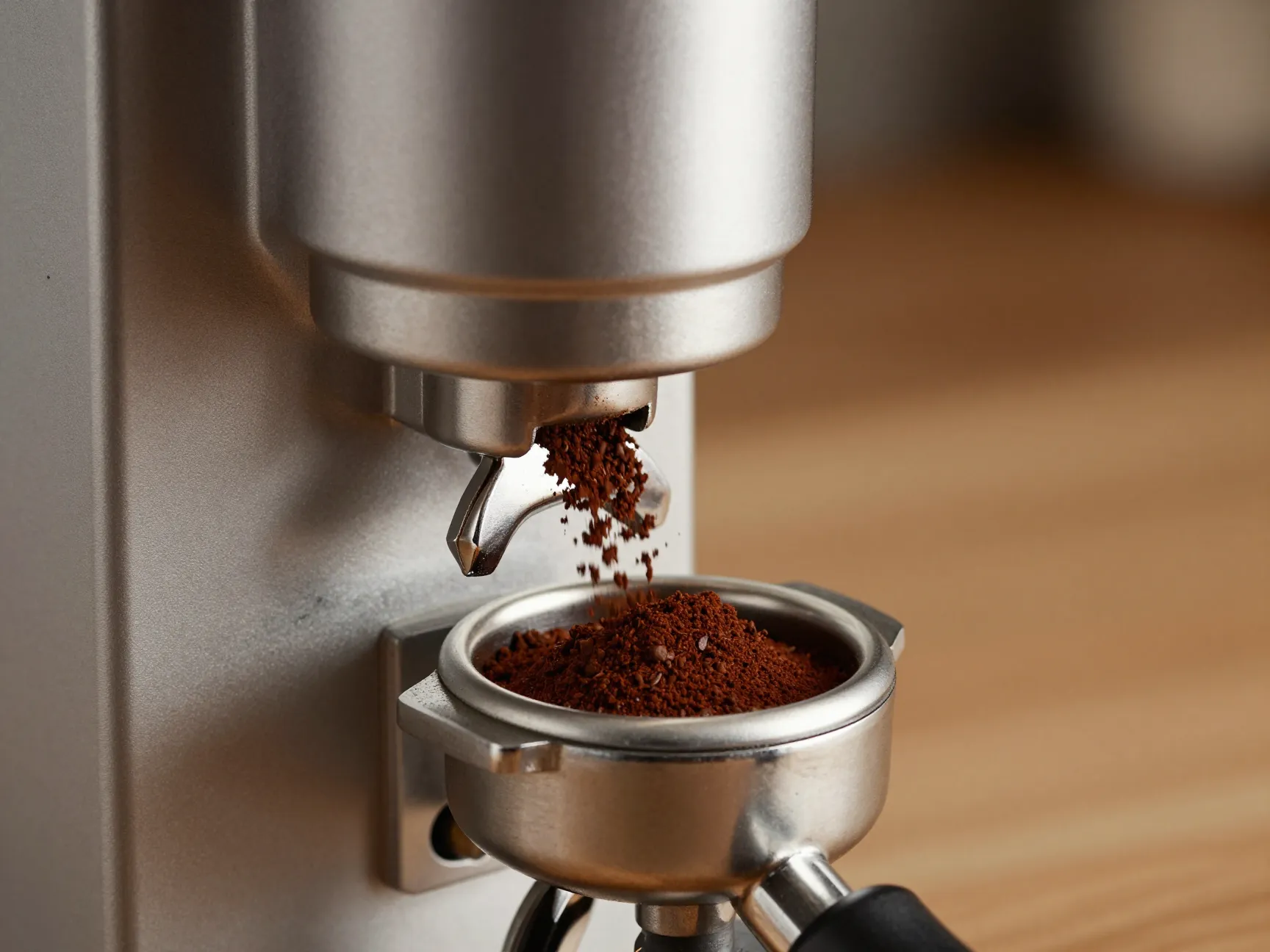 High quality burr grinder ground coffee falling into portafilter
