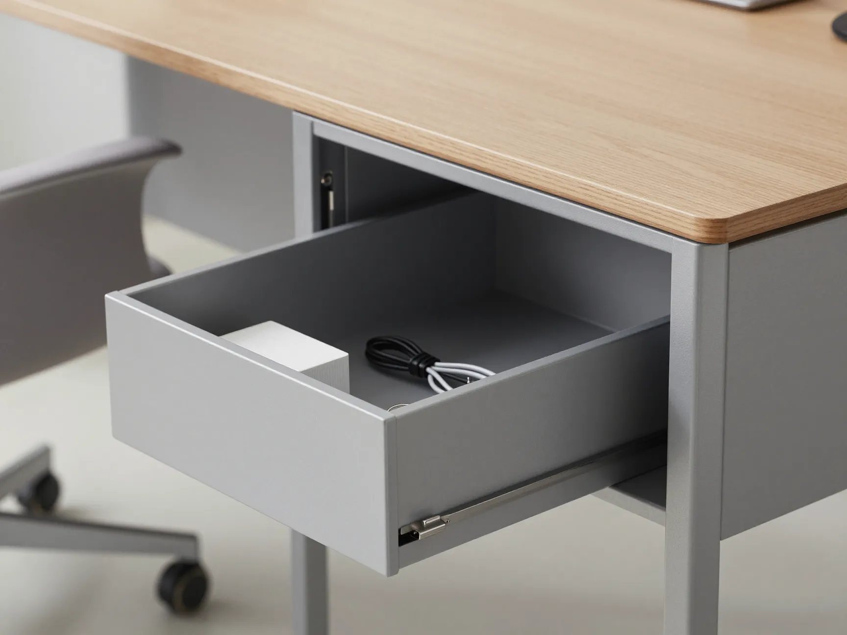 Blu dot hoard high side table with hidden compartment in minimalist office