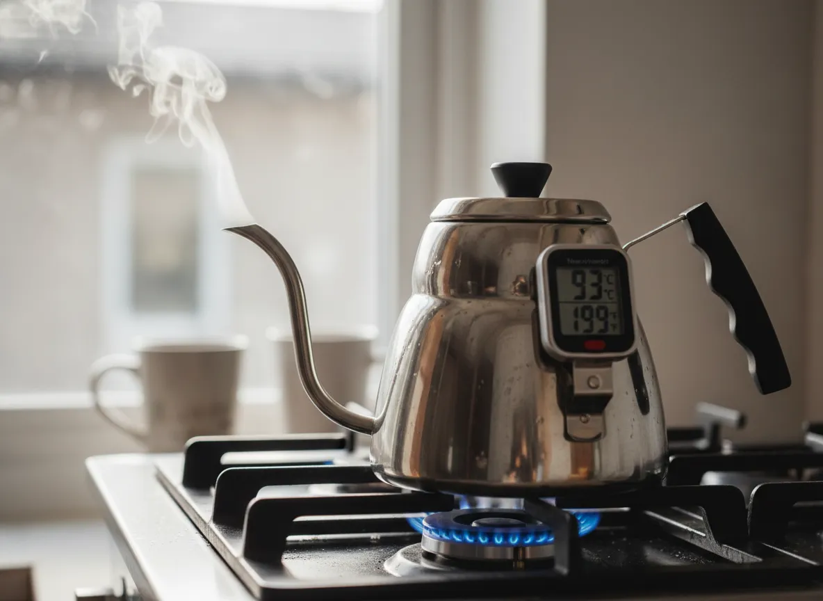 Filtered water heating in gooseneck kettle with temperature control