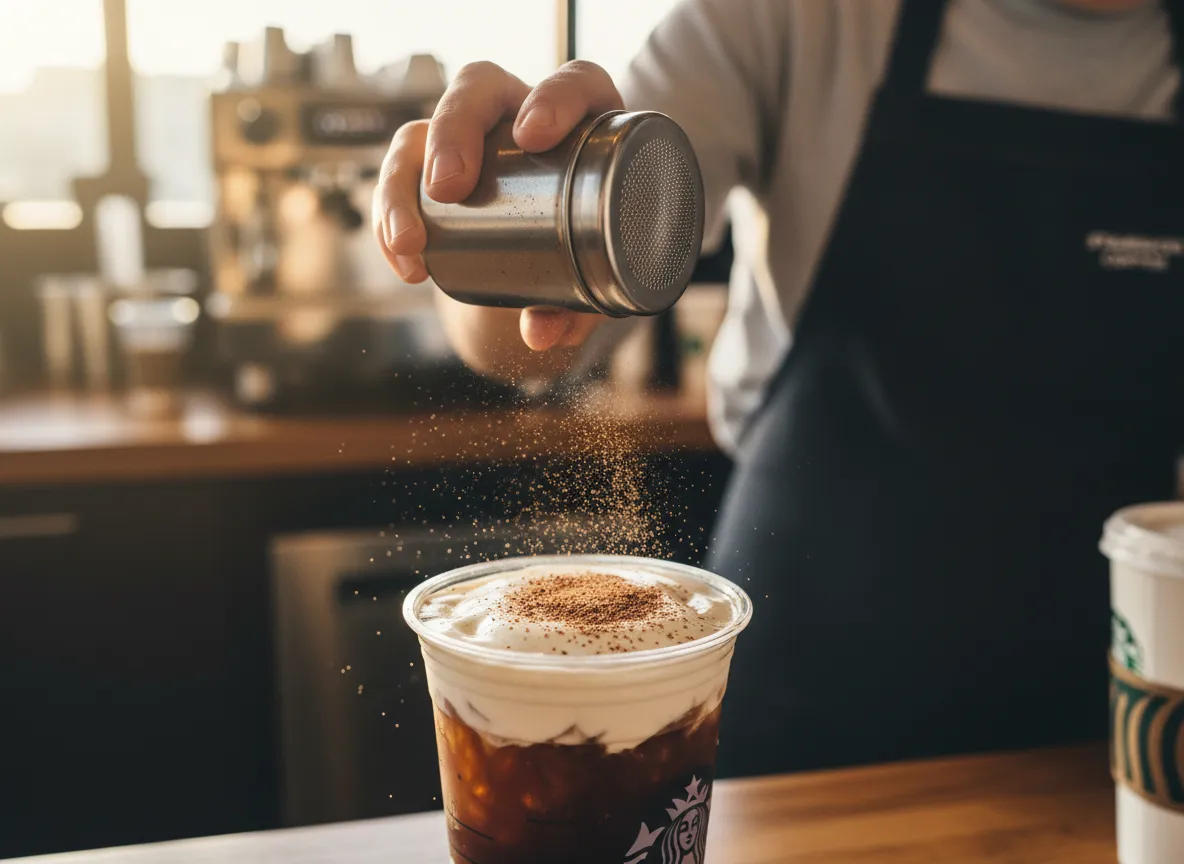 Hand dusting vanilla bean powder onto cold brew drink