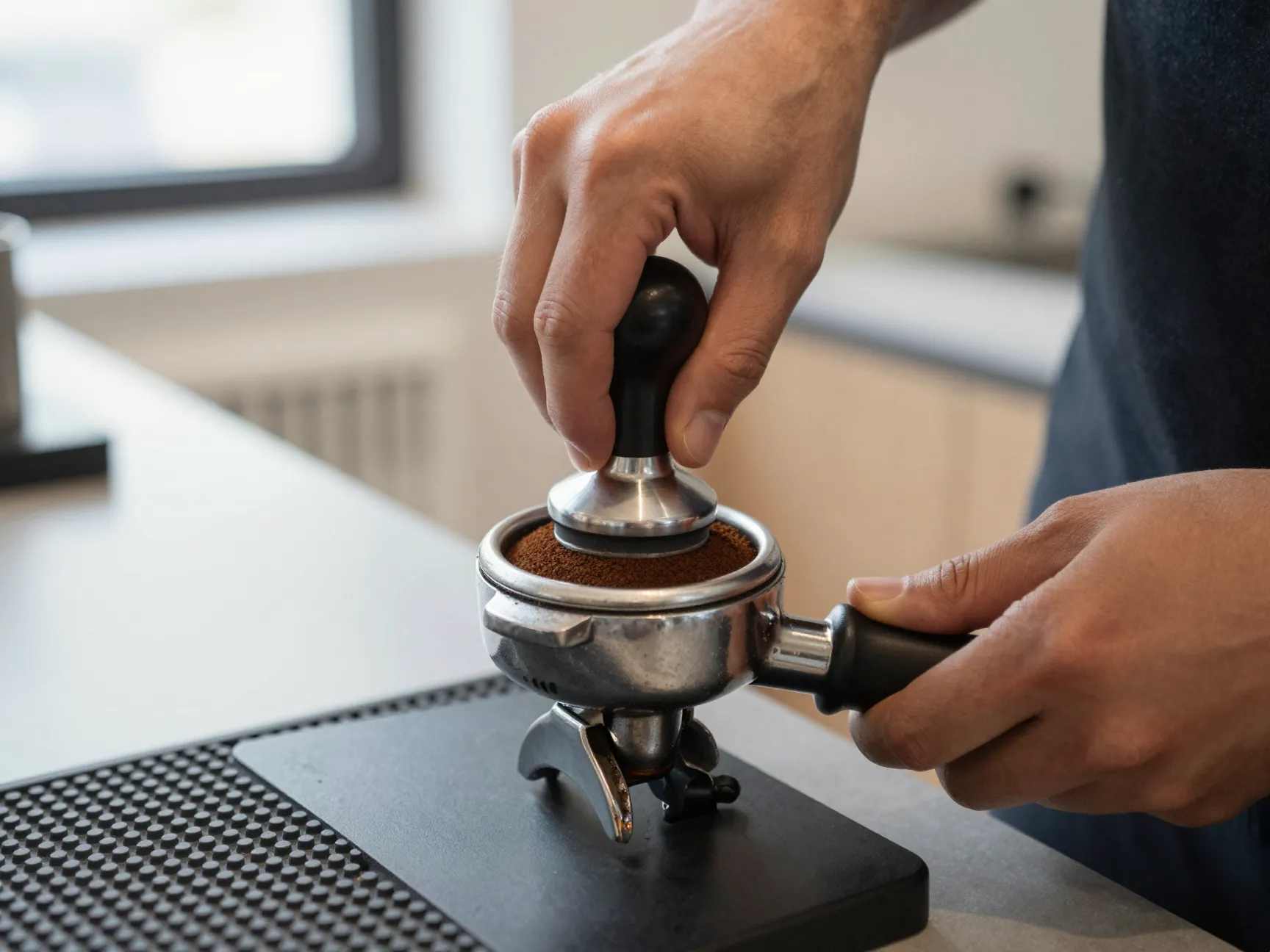 Barista using calibrated tamper to compress coffee grounds levelly