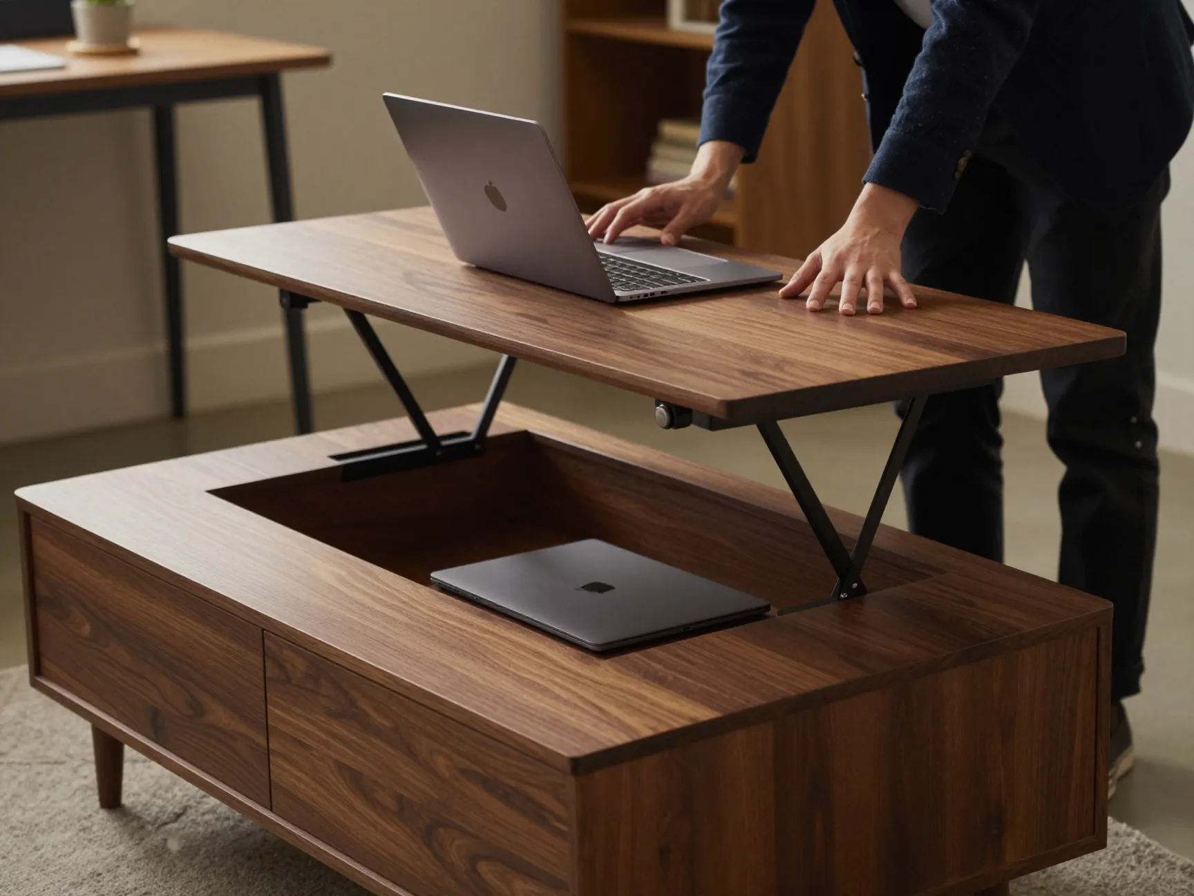 Lift top storage coffee table open to desk height in home office
