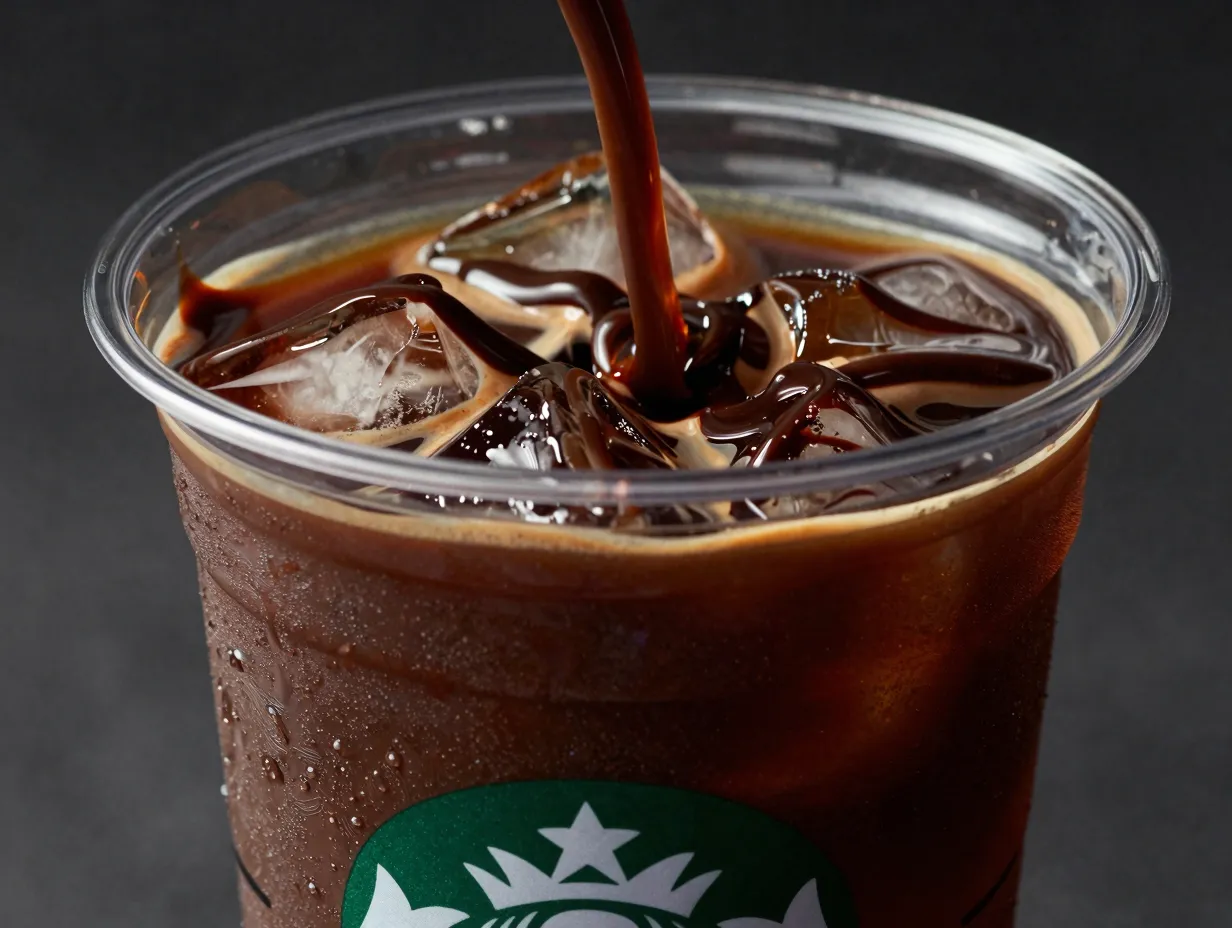 Mocha drizzle coating inside clear cold brew cup