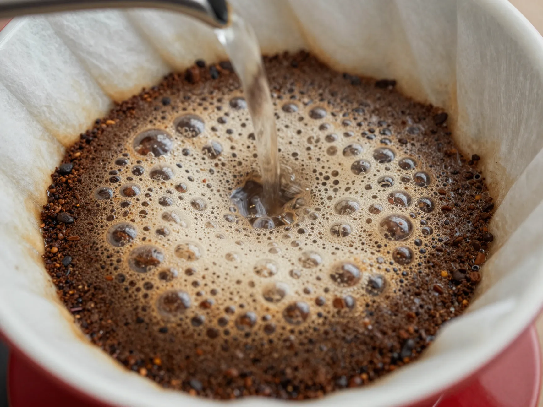 Coffee grounds blooming with bubbles during initial hot water pour