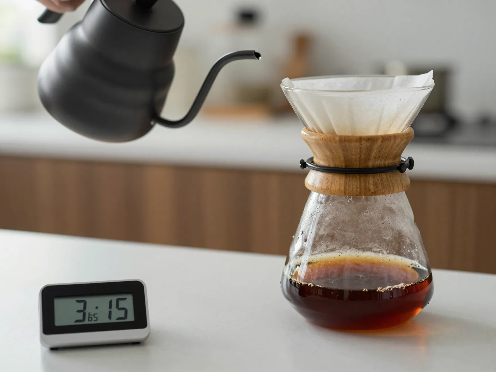 Slow controlled pour into chemex with timer showing brew duration