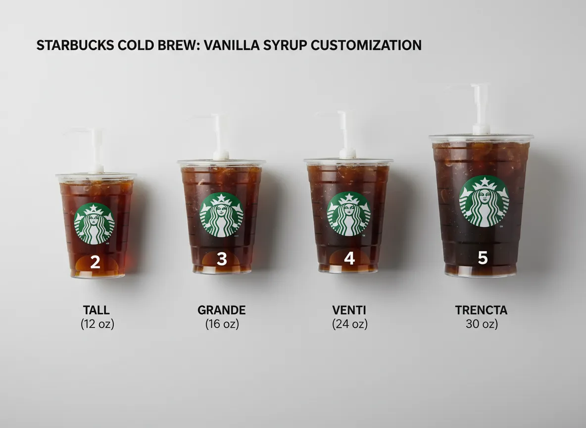 Starbucks cup sizes lined up with varying syrup pumps
