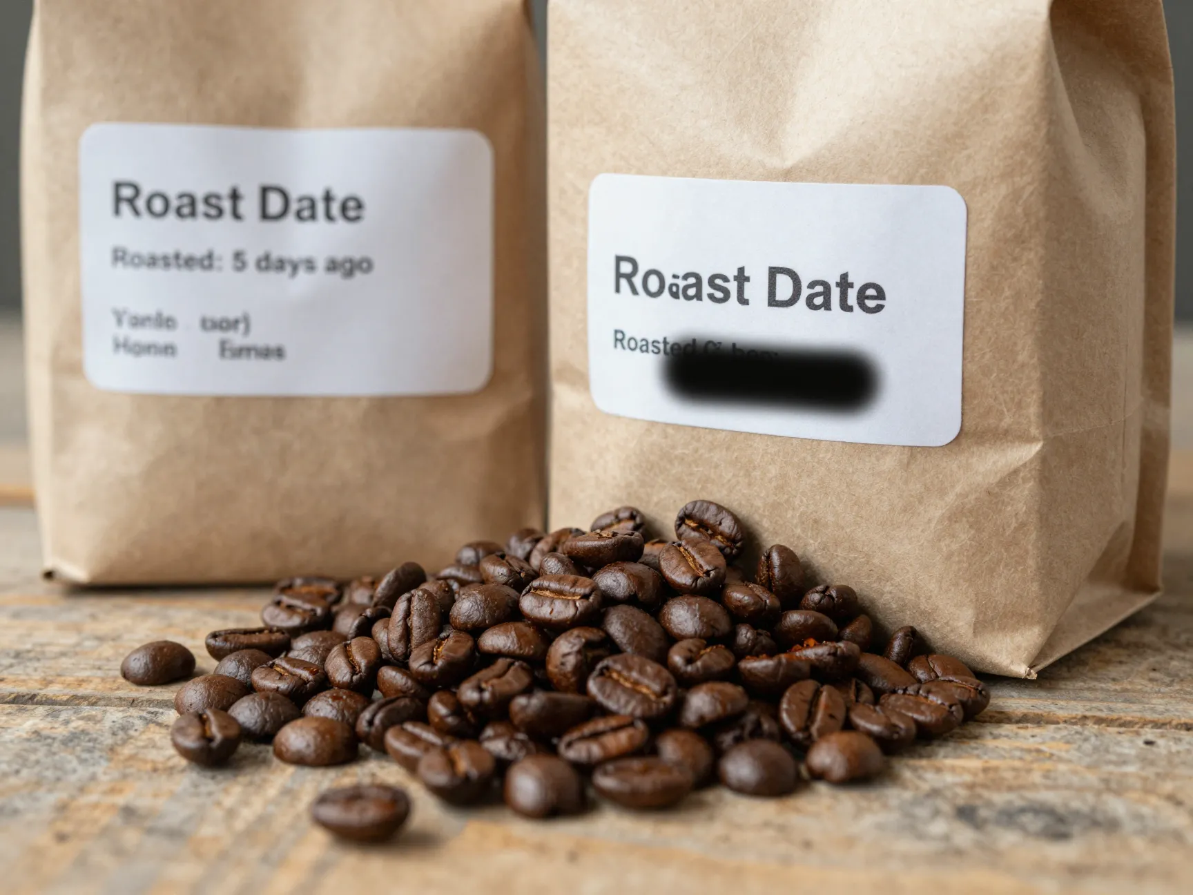 Bag of fresh coffee beans with visible roast date and whole beans