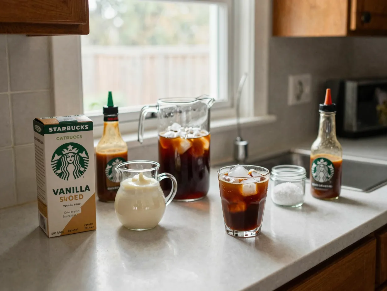 Home kitchen counter with starbucks concentrate and toppings