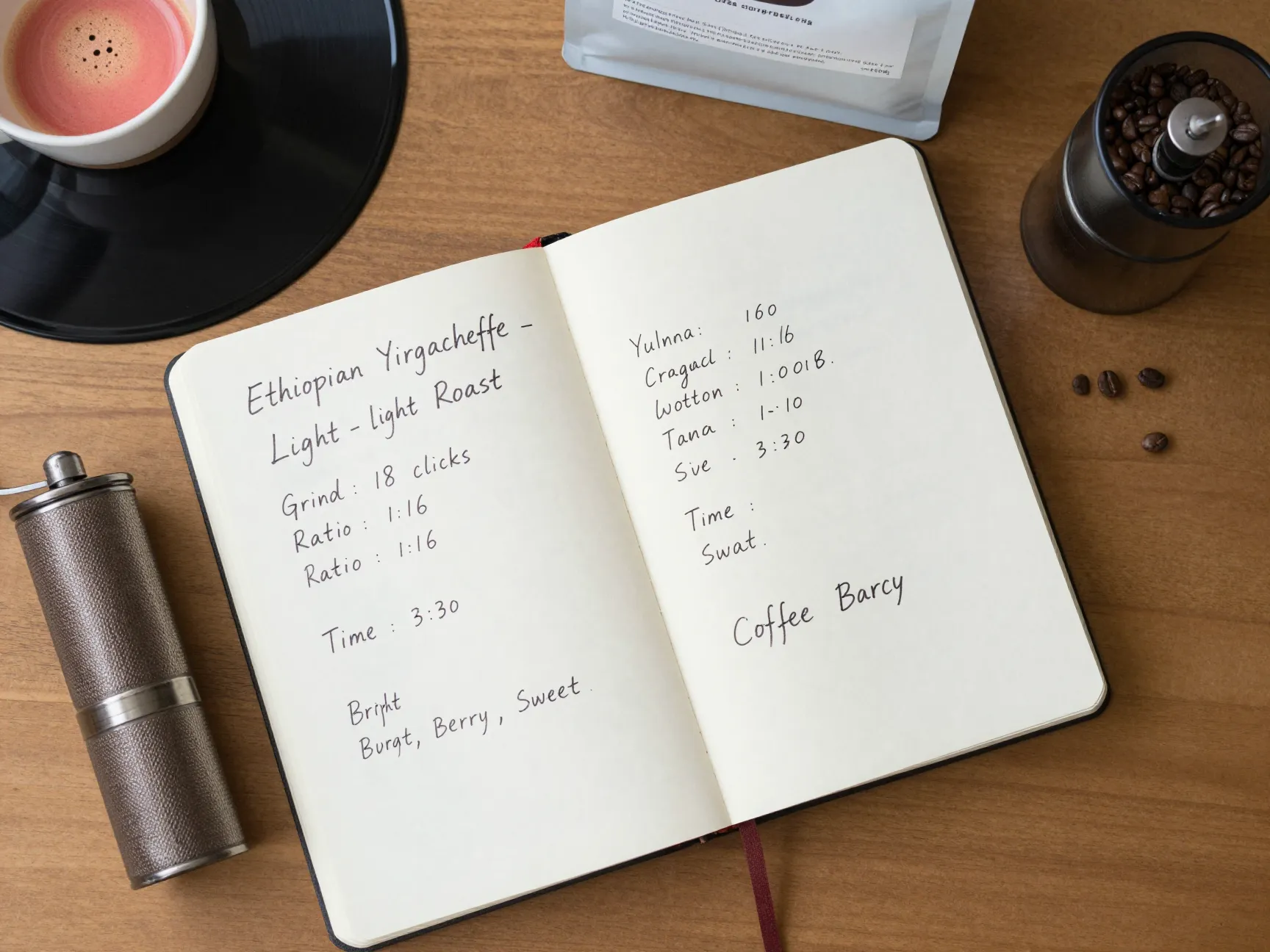Coffee journal notebook with tasting notes and variable adjustments