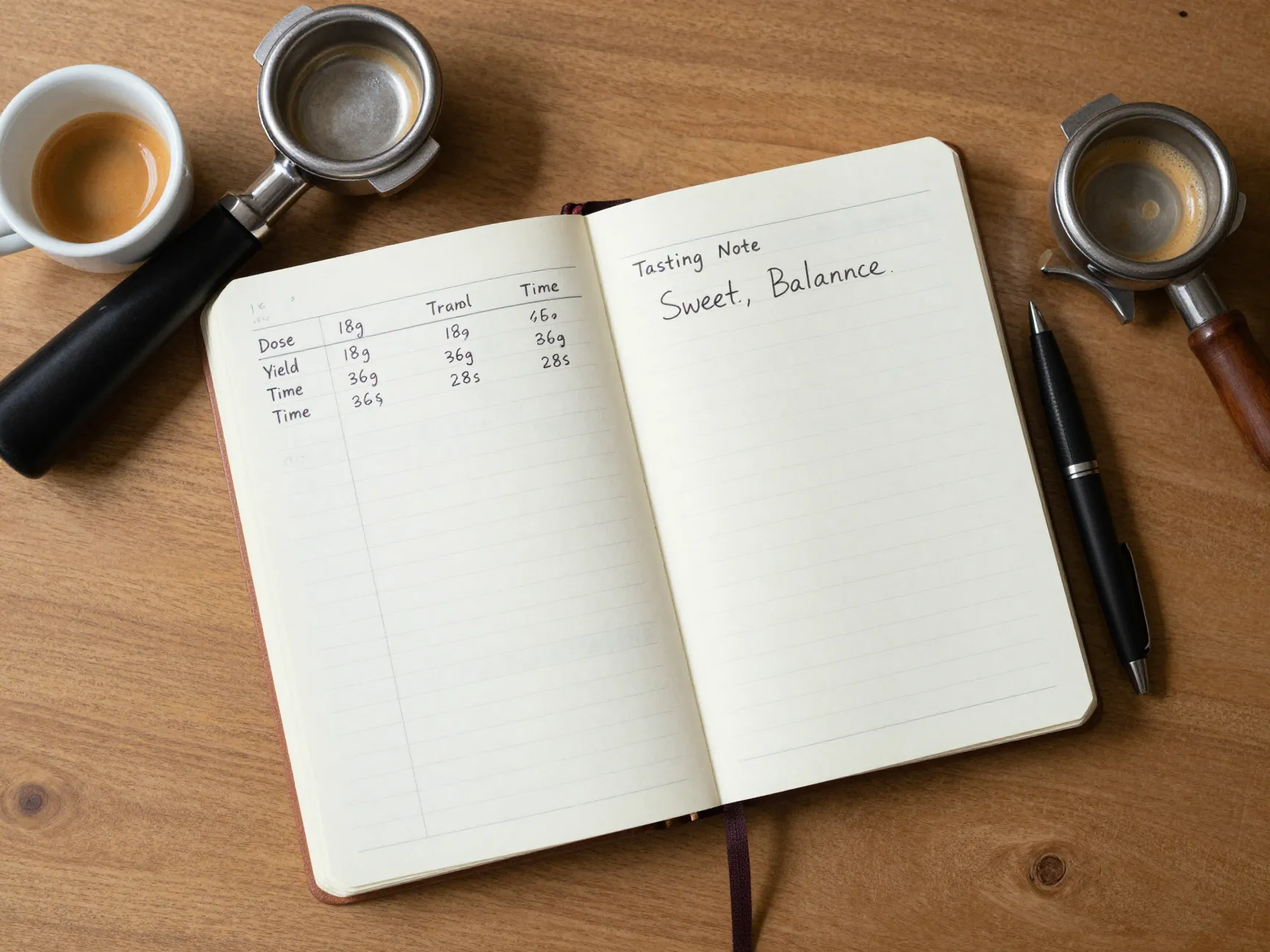 Notebook with espresso recipe tracking dose yield time tasting notes