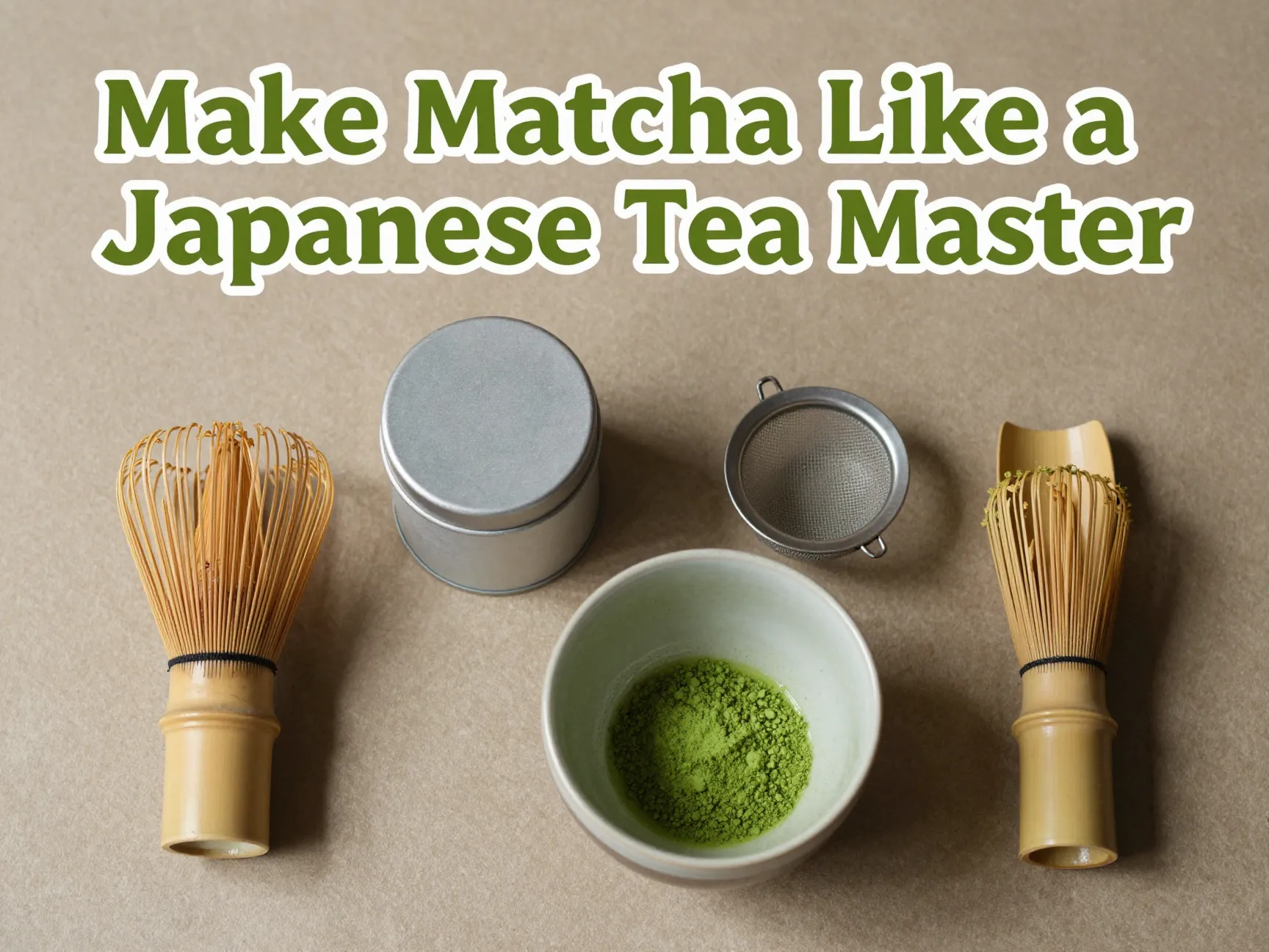 Bamboo whisk matcha tin sifter scoop bowl powder flatlay