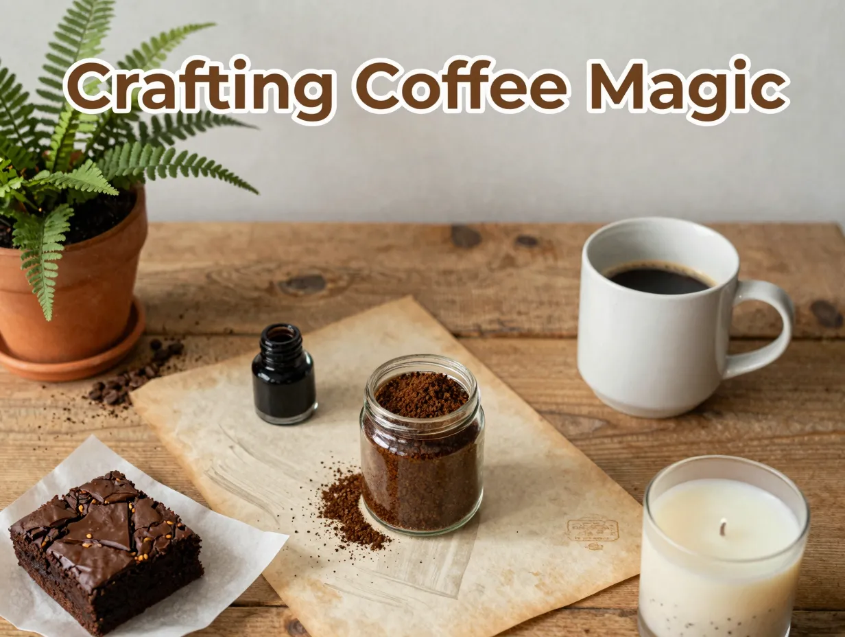 Instant coffee jar flat lay ink paper scrub candle brownie plant