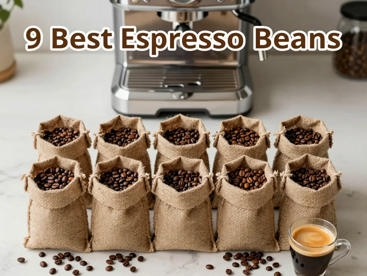 Nine burlap bags espresso machine crema shot top down flatlay