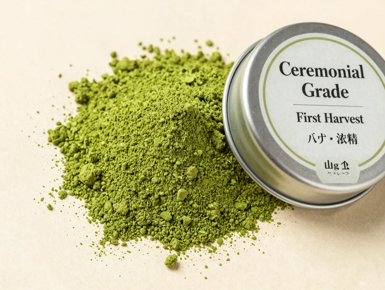 Bright ceremonial grade matcha powder in opaque tin with japanese origin label