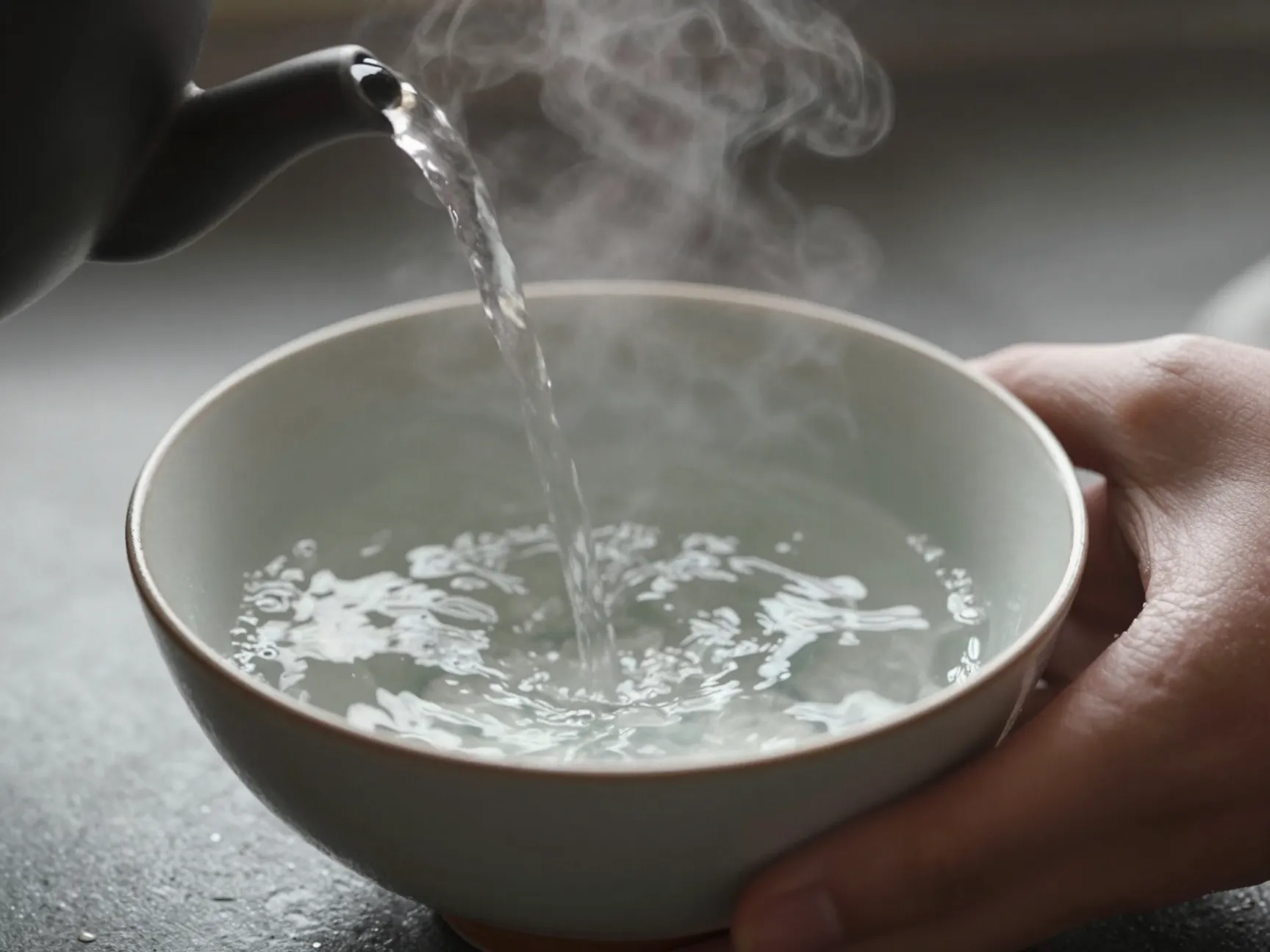 Pouring hot water into ceramic chawan to preach the tea bowl