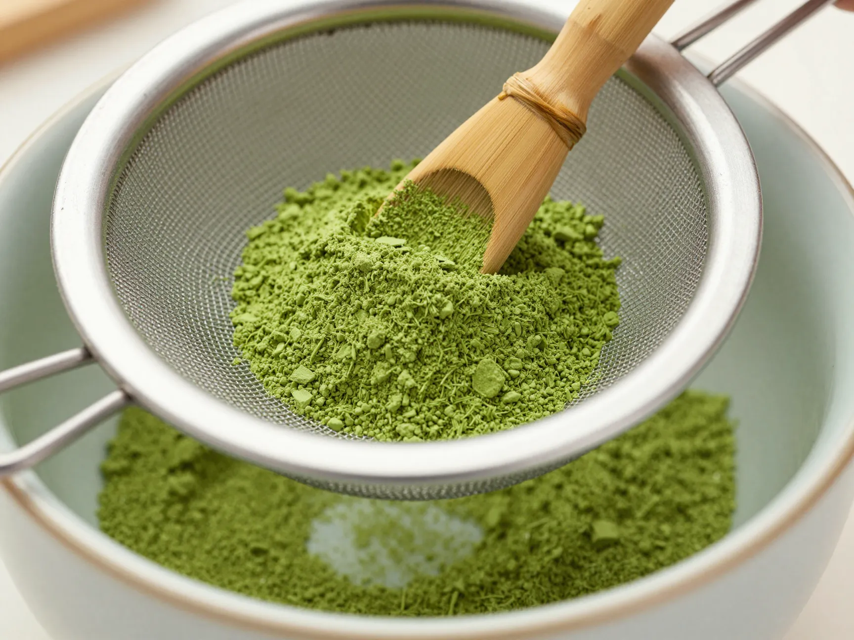 Sifting fine emerald matcha powder through mesh into chawan