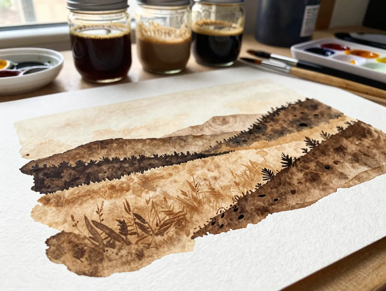 Watercolor paper with monochromatic coffee painting landscape layers