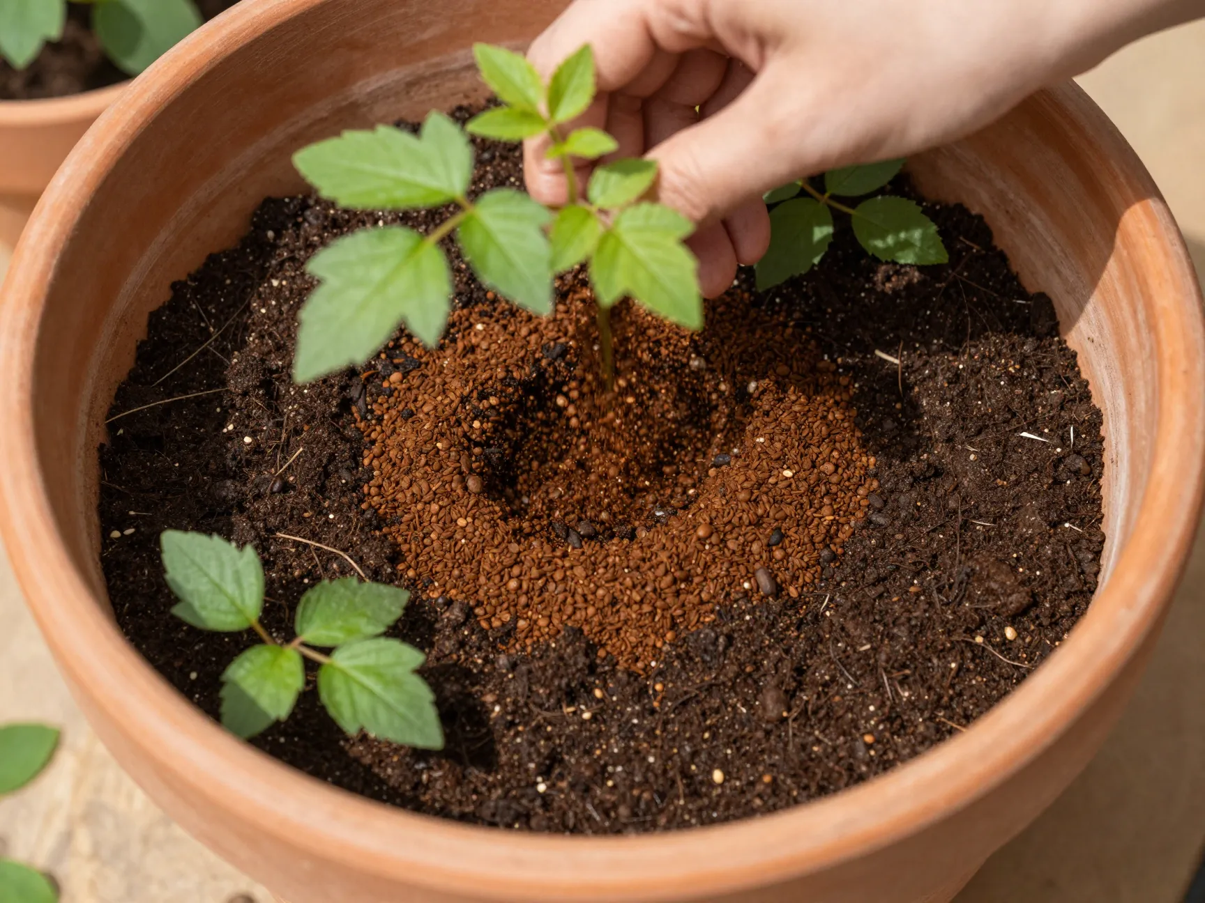 Instant coffee granules mixed into potting soil for plant fertilizer