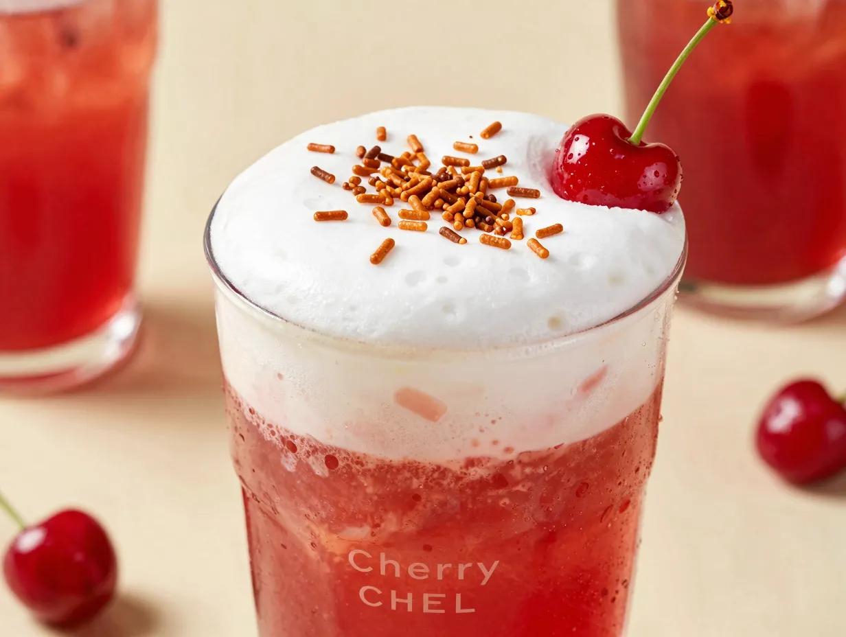 Iced cherry chai with cold foam and cherry caramel sprinkles