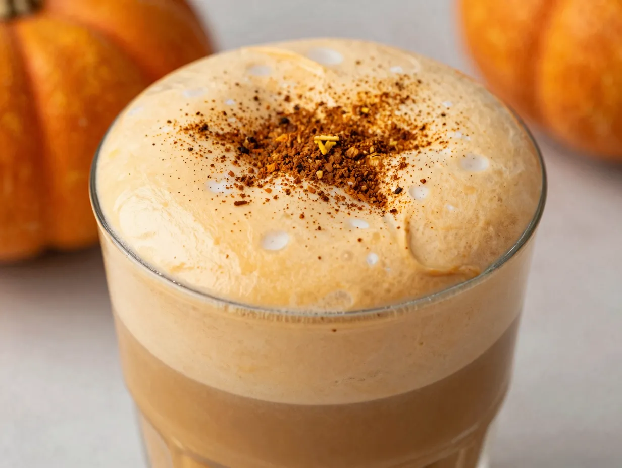 Iced pumpkin cream chai with pumpkin cold foam and seasoning