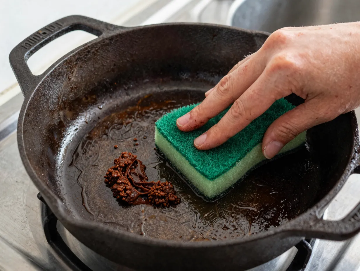 Instant coffee paste scrubbing greasy cast iron pan cleaning